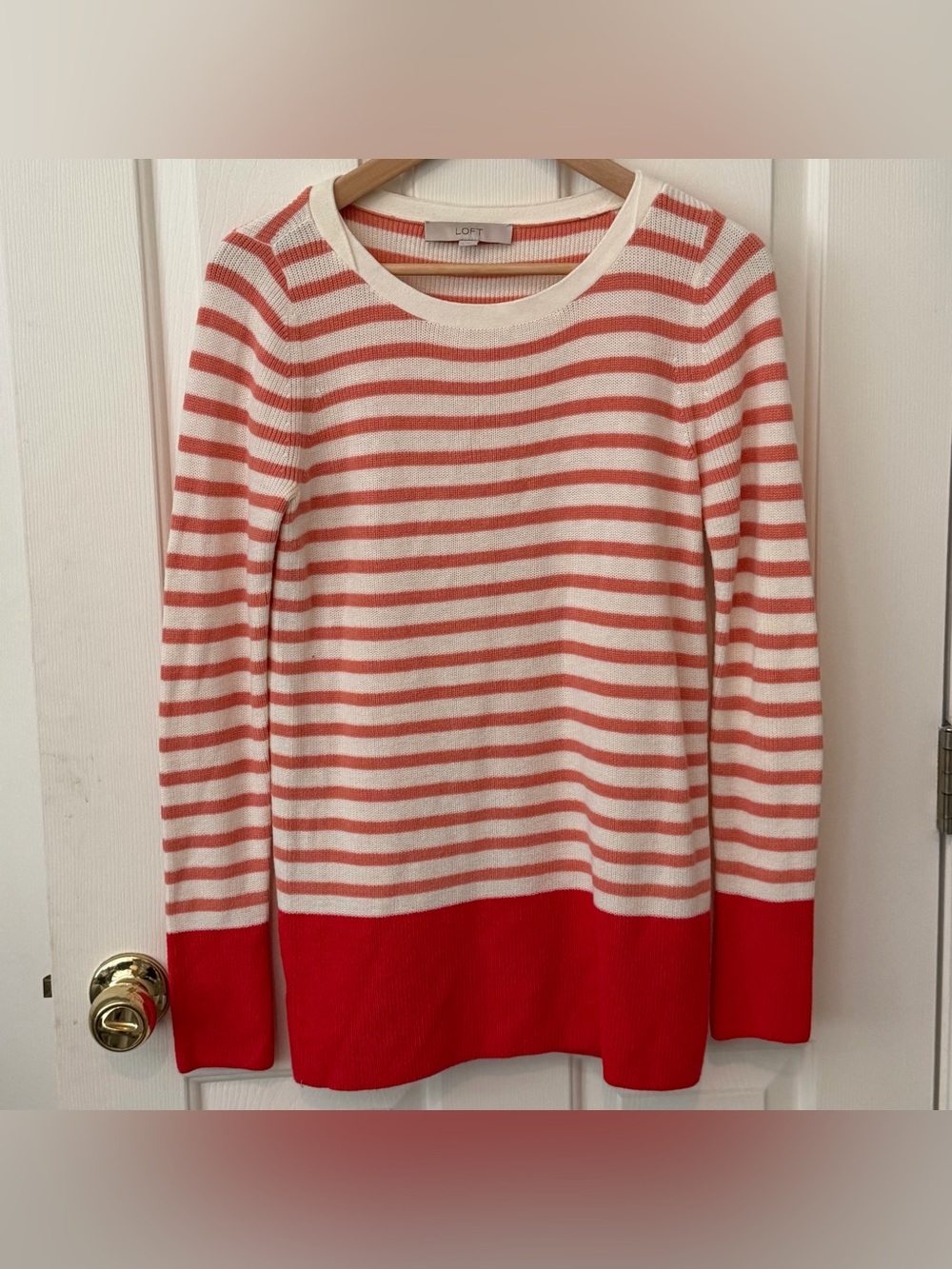 LOFT Cream and Coral Striped Crew Sweater with orange Band